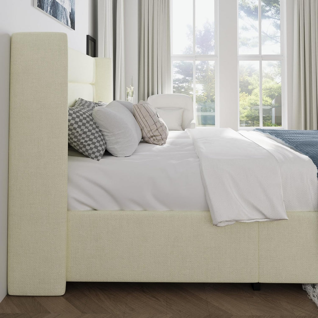 SHA CERLIN Full Size Lift Up Storage Bed/Chenille Fabric Upholstered/Modern Wingback Headboard/Platform Bed Frame/Hydraulic Storage/No Box Spring Needed/Wood Slats Support/Cream