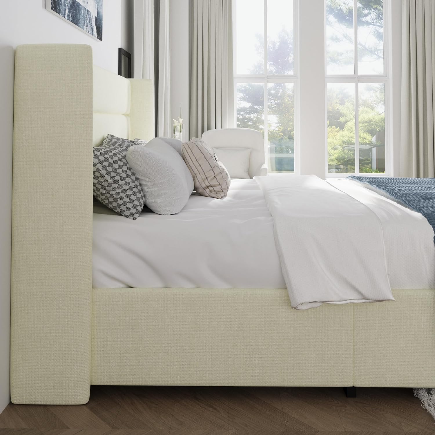 SHA CERLIN Full Size Lift Up Storage Bed/Chenille Fabric Upholstered/Modern Wingback Headboard/Platform Bed Frame/Hydraulic Storage/No Box Spring Needed/Wood Slats Support/Cream
