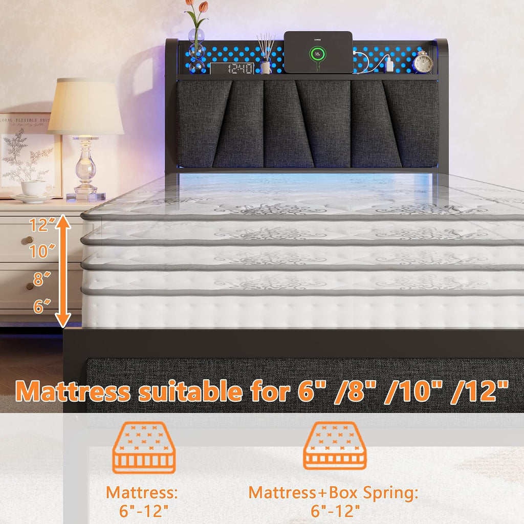 Furnulem Twin Bed Frame with LED Light and Charging Station, Grey Upholstered Storage Headboard with Shelf, Metal Platform Bed with Heavy Duty Slats, No Box Spring Needed, Noise Free & Easy Assembly