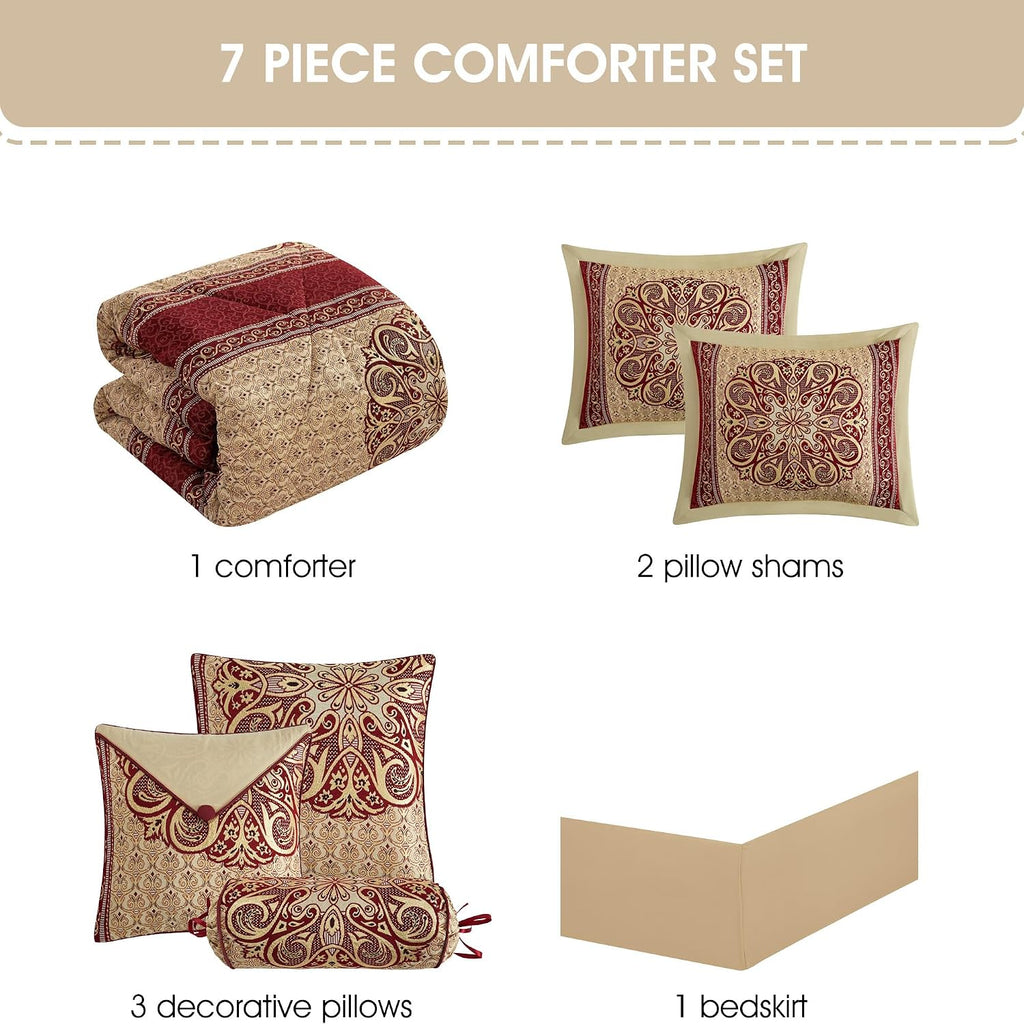 Stratford Park Gold/Wine Bedroom Comforter Sets Queen, 7 Piece, Burgundy Home Decor, Premium Lightweight Microfiber, Bedskirt, Pillows & Shams