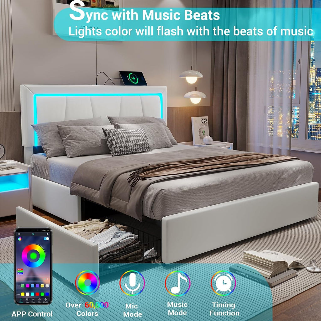 Hasuit Queen Bed Frame with 4 Storage Drawers Underneath, Upholstered Platform Bed Queen Size with Artificial Leather Headboard, Modern Bed with LED Light, and Charging Station, White