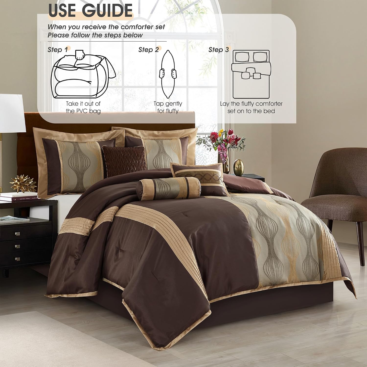 LANCO MODERN LIFESTYLE Full Comforter Set, Brown, 7 Pieces Bed in a Bag, Ultra Soft Jacquard with Solid Piecework, Luxury Bed Set with Comforters, Bed Skirt, Pillow Shams and Decorative Pillows