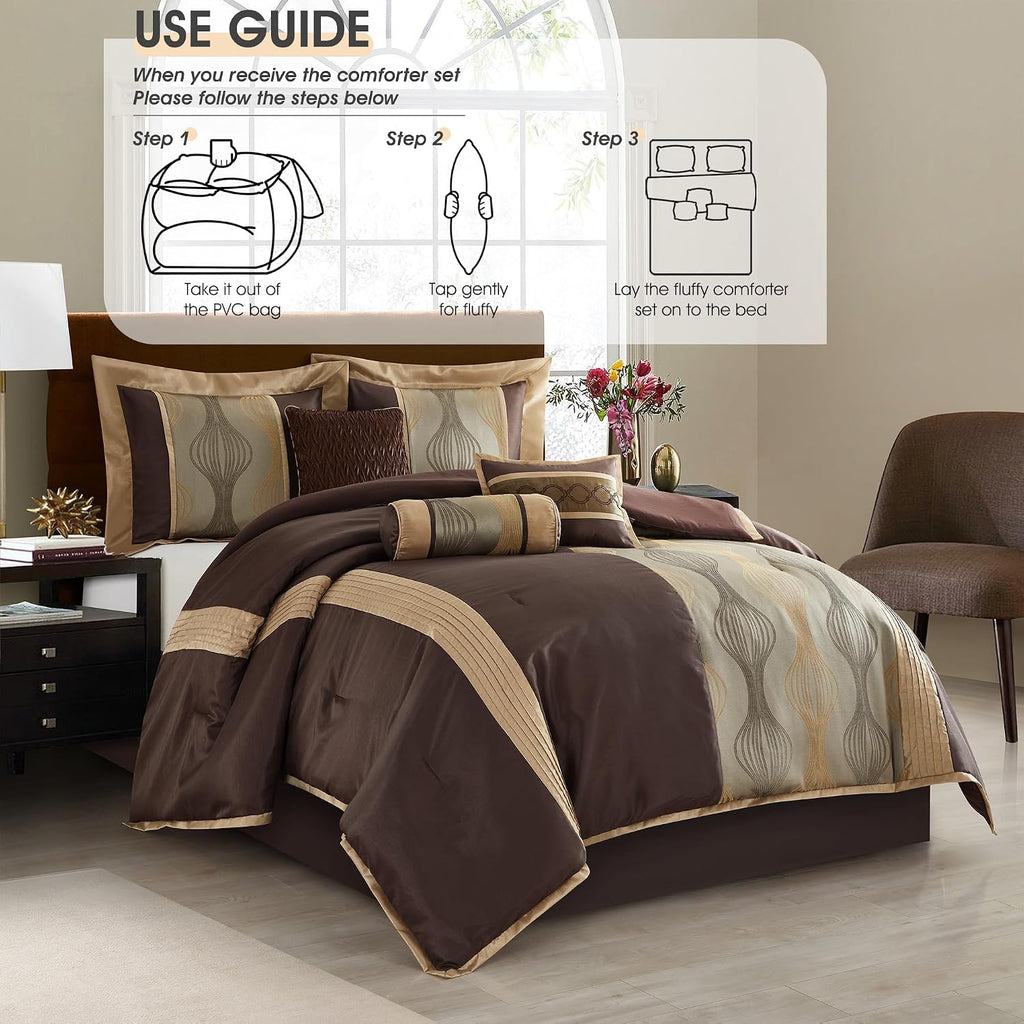 LANCO MODERN LIFESTYLE King Comforter Set, Brown, 7 Pieces Bed in a Bag, Ultra Soft Jacquard with Solid Piecework, Luxury Bed Set with Comforters, Bed Skirt, Pillow Shams and Decorative Pillows
