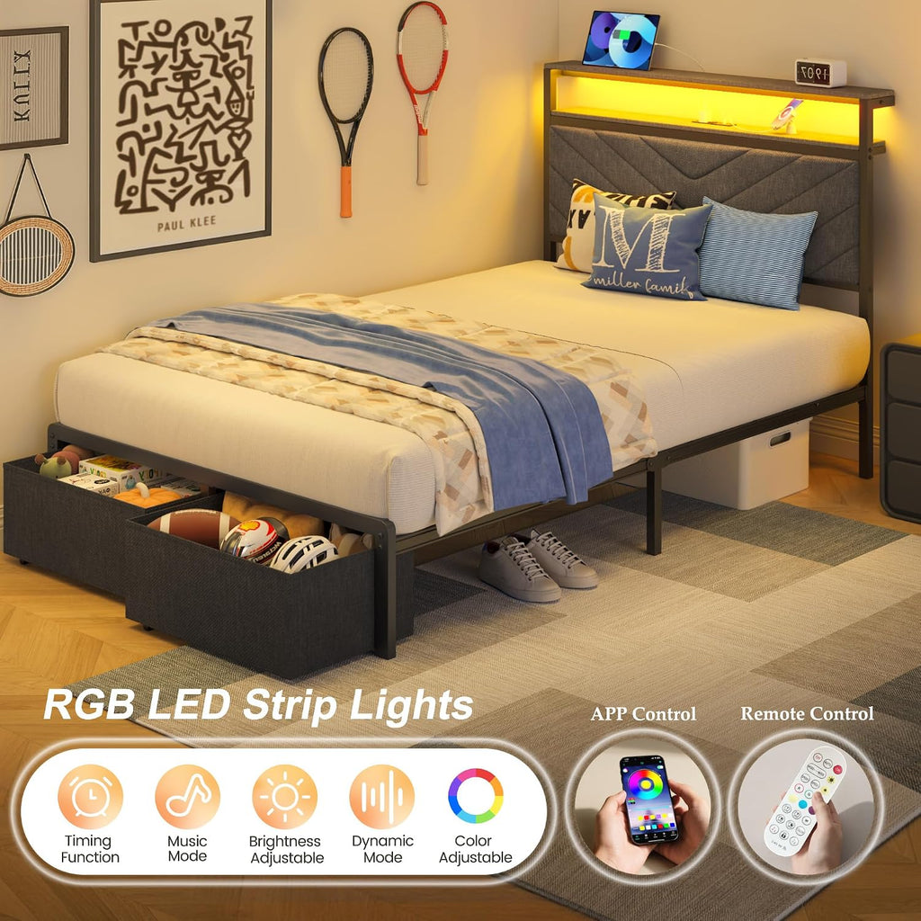 HISOFT Twin Bed Frame with Charging Station, LED Lights & 2 Storage Drawers, Grey Platform Bed with Upholstered Headboard, Under-Bed Storage, No Box Spring Needed, Easy Assembly, Strong Metal Support