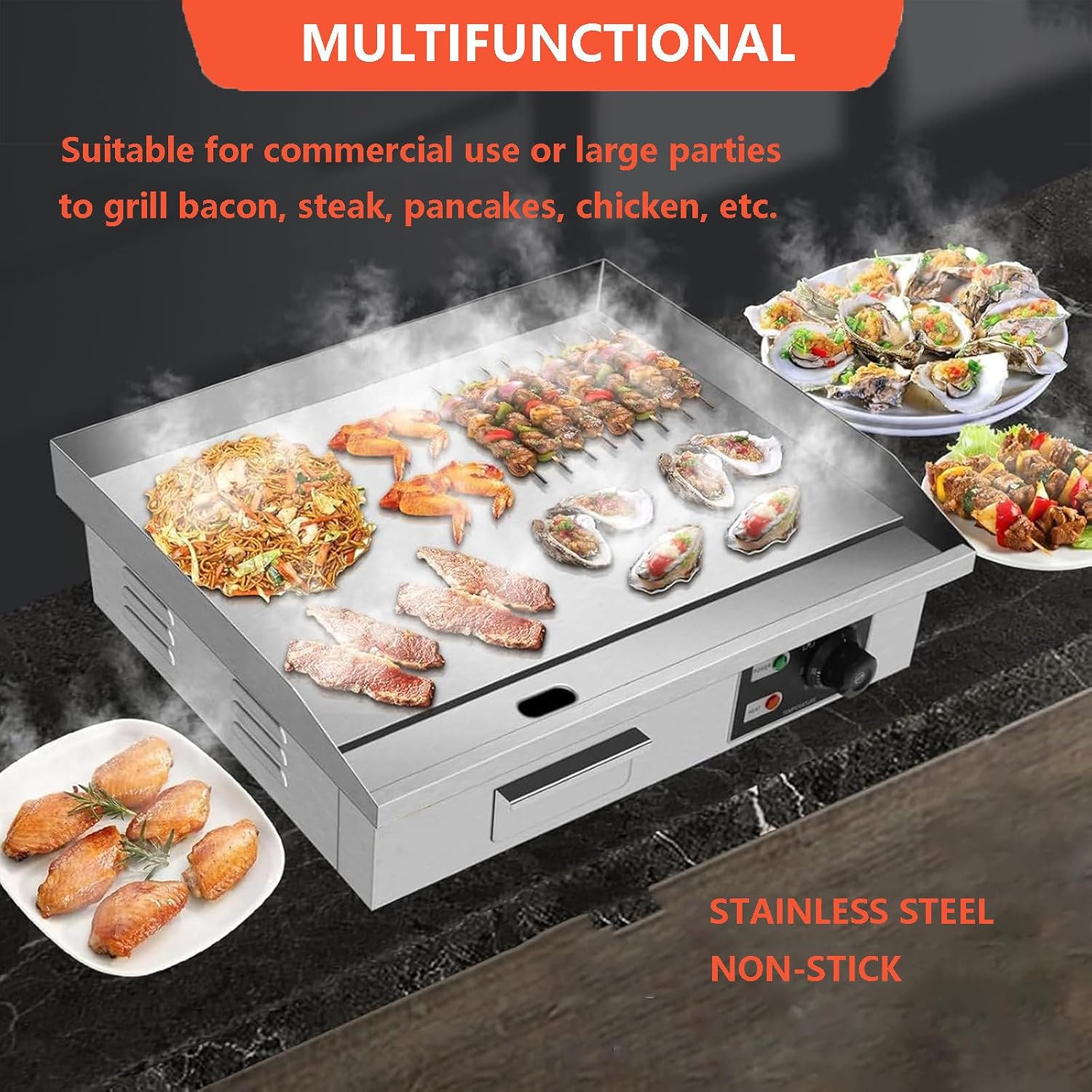 Commercial Electric Griddle 1500W/2500W/3000W, Stainless Steel Electric Teppanyaki Grill with Raised Baffle and Radiating Hole, Burger Bacon Grill Plate for Cam，1500W