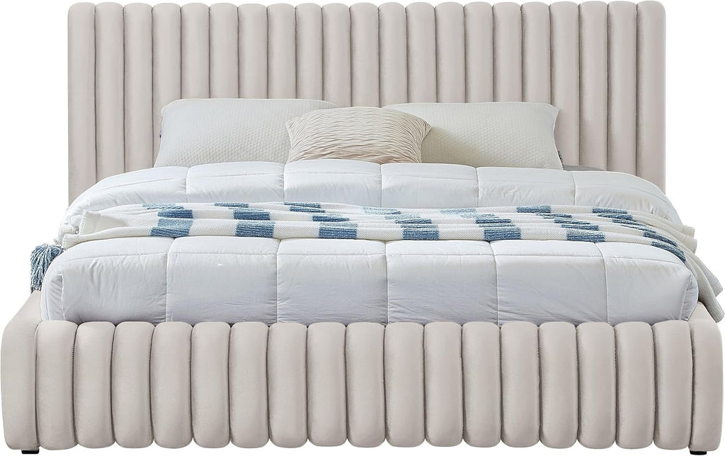 Meridian Furniture NicoCream-K Nico Collection Modern | Contemporary Velvet Upholstered King Bed with Rich Cream Velvet and Deep Channel Tufting, 89' W x 91' D x 38' H, Cream, King