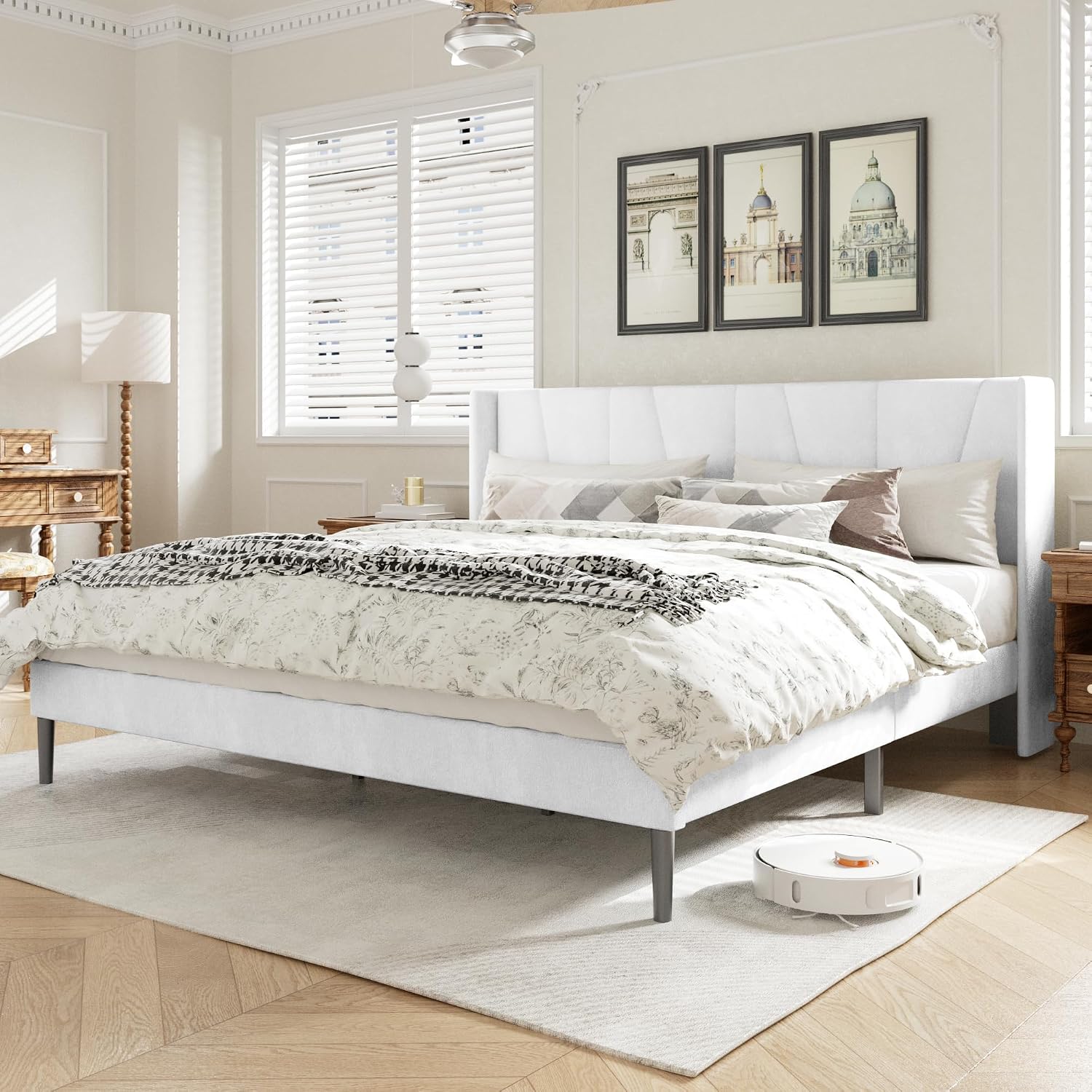 HAOARA King Bed Frame with Headboard, Velvet Upholstered Platform Bed Frames with Wingboard, Contemporary Mattress Foundation, Noise Free, No Box Spring Needed, Easy Assembly, White