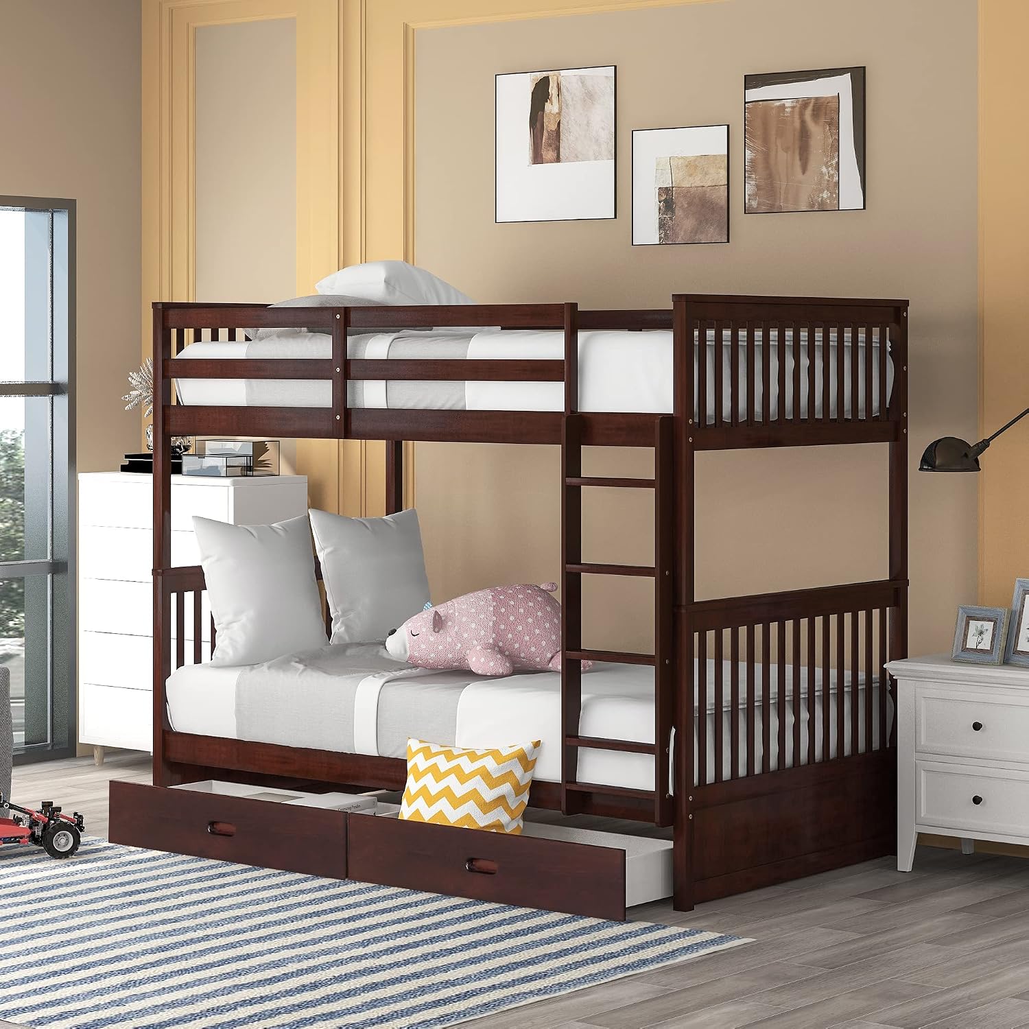 Harper & Bright Designs Twin-Over-Twin Bunk Bed with Two Storage Drawers, Solid Wood Twin Size Bunk Bed with Guardrial and Removble Ladder, Can be Converted Into 2 Separate Beds, Espresso