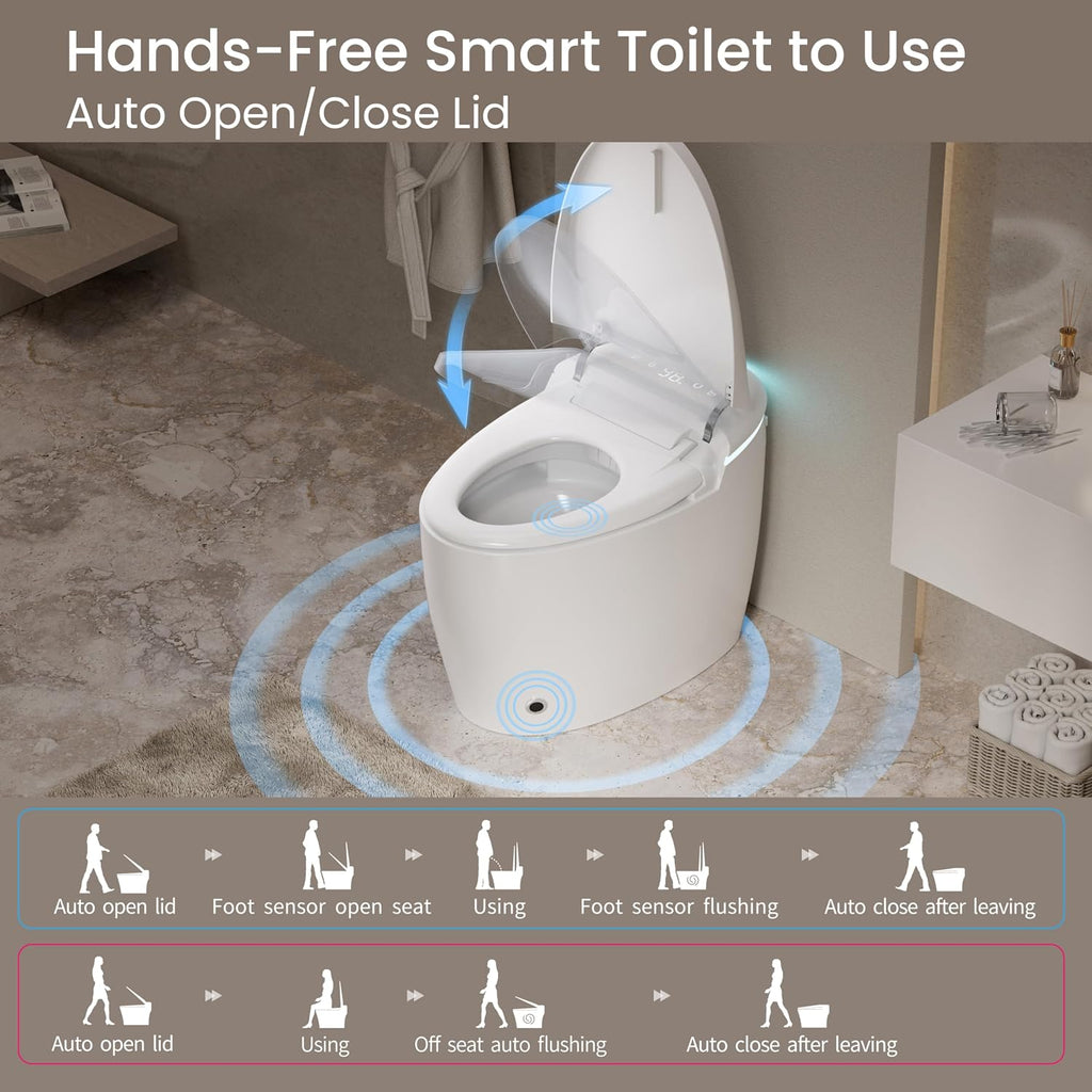 Smart Toilet, Auto Open/Close, Auto Flushing Bidet Toilet, Warm Water Sprayer and Dryer, Heated Seat, Elongated Egg Shape Tankless Toilet, 12'' Rough-in