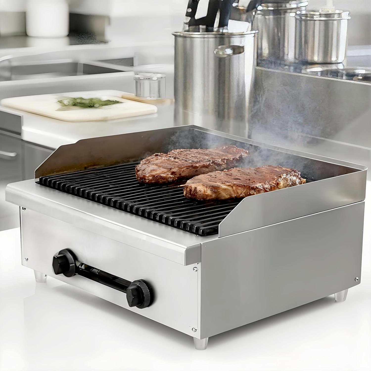 24 Inch Commercial Gas Lava Rock Charbroiler, 2 Burner Stainless Steel Countertop Grill with Durable Cast Iron Grates, BBQ Broiler for Restaurants, Natural Gas/Propane, 56000 BTU