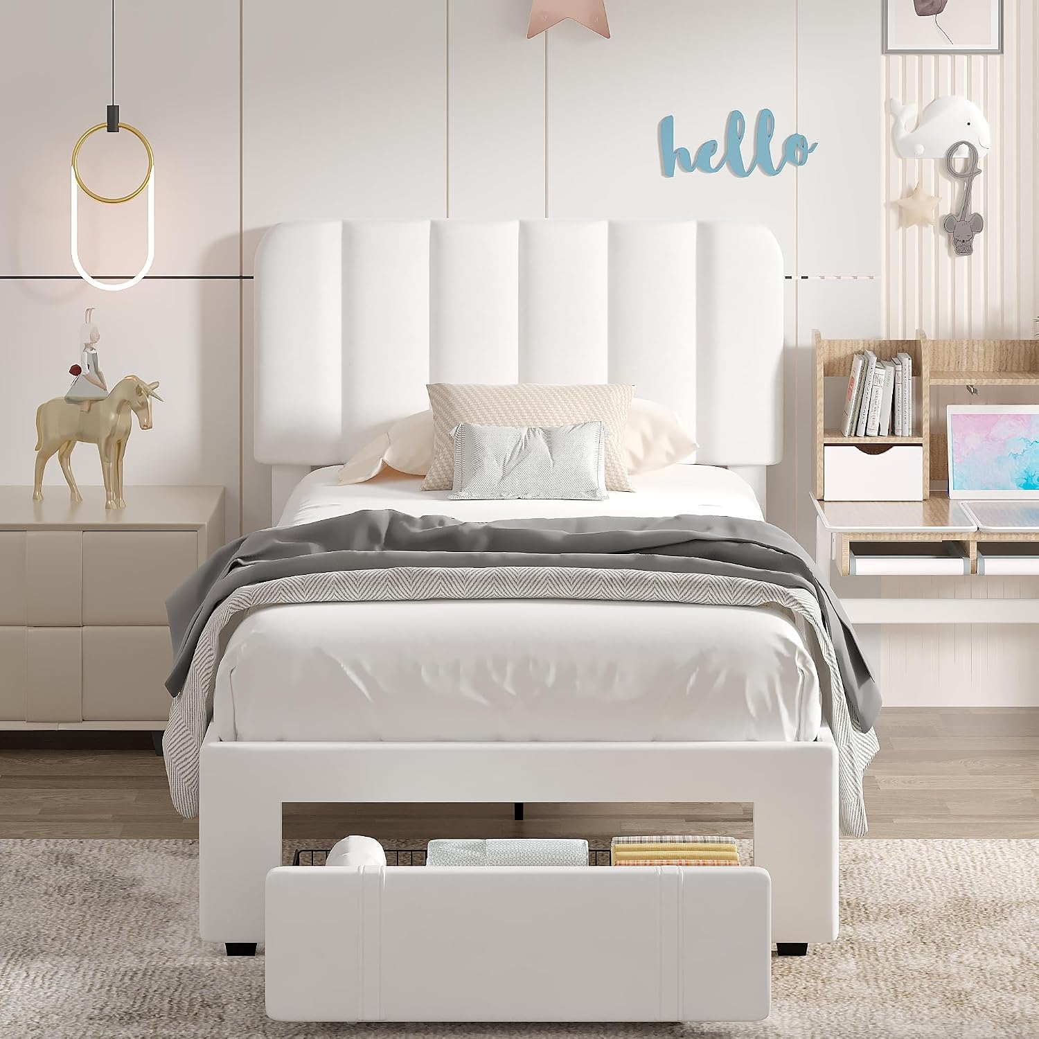 VECELO Twin Size Upholstered Bed Frame with Drawer and Headboard, Velvet Platform Storage Bedframe, Wooden Slats Support, No Box Spring Needed, White