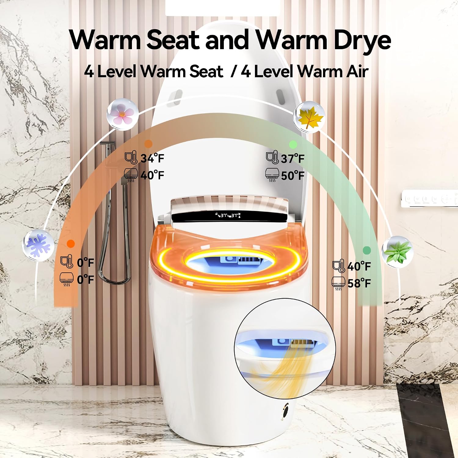 Smart Toilets with Heated Bidet Seat.Portable toilet with bidet built.Intelligent Toilet Auto Open,Close Seat. Bidet toilet with Dryer and Warm Water