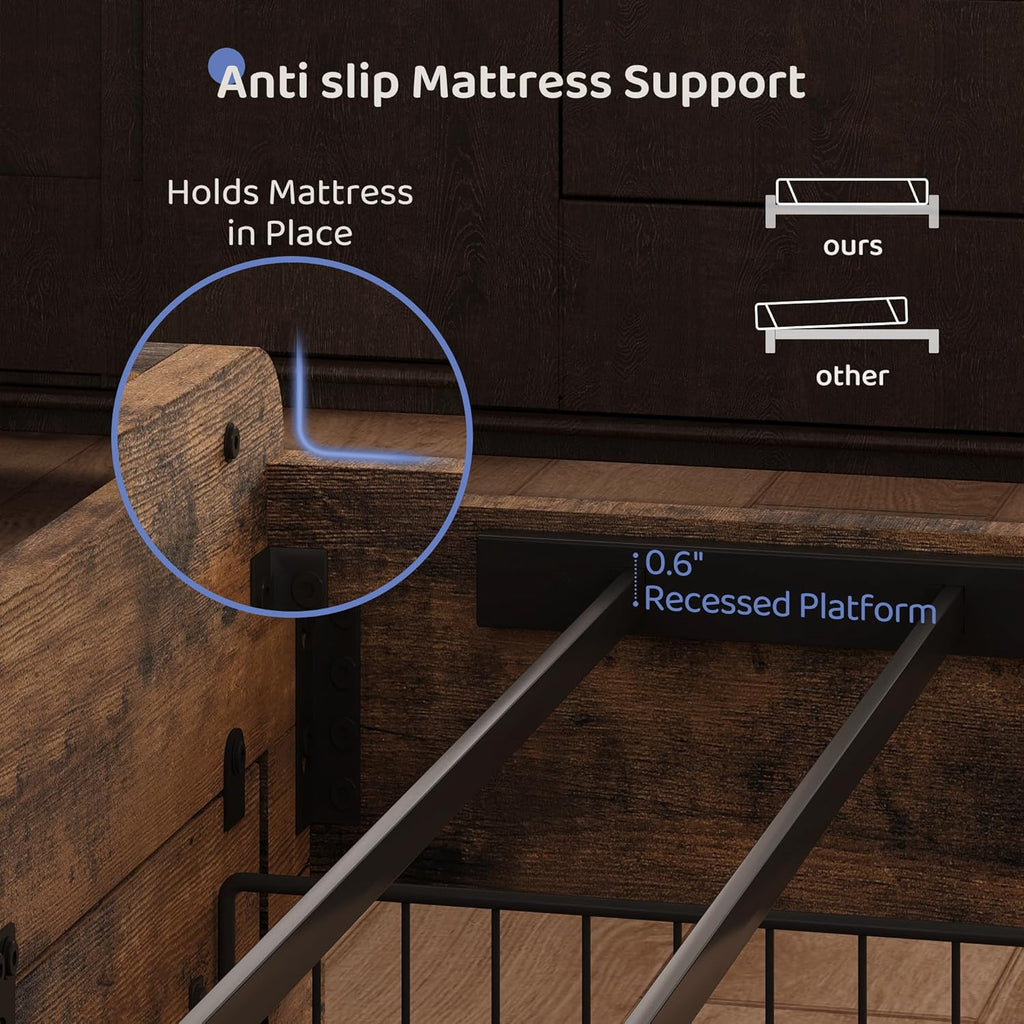 BRELTAM Queen Bed Frame with Storage Drawers Upholstered Bed with 2-Tier Storage Headboard and LED Light&Charging Station,Metal Platform Bed Frame Queen Size,No Box Spring Needed,Vintage Brown