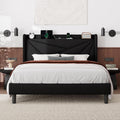 Feonase Full Size Bed Frame with Charging Station, Linen Upholstered Platform Bed Frame with Wingback Storage Headboard, Solid Wood Slats Support, No Box Spring Needed, Noise Free, Black