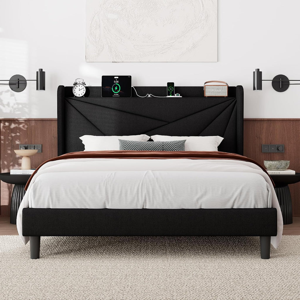 Feonase Queen Size Bed Frame with Charging Station, Linen Upholstered Platform Bed Frame with Wingback Storage Headboard, Solid Wood Slats Support, No Box Spring Needed, Noise Free, Black
