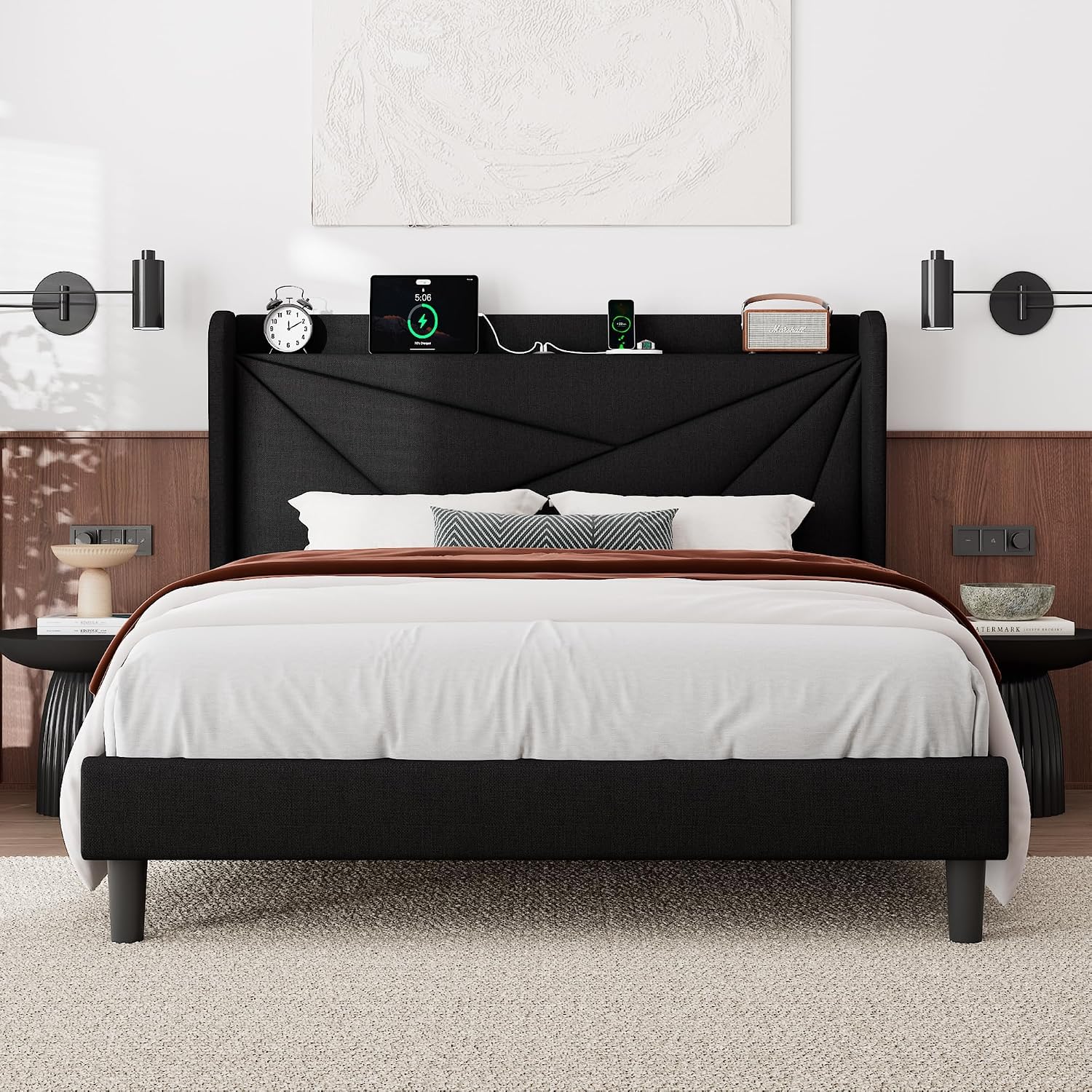 Feonase Queen Size Bed Frame with Charging Station, Linen Upholstered Platform Bed Frame with Wingback Storage Headboard, Solid Wood Slats Support, No Box Spring Needed, Noise Free, Black