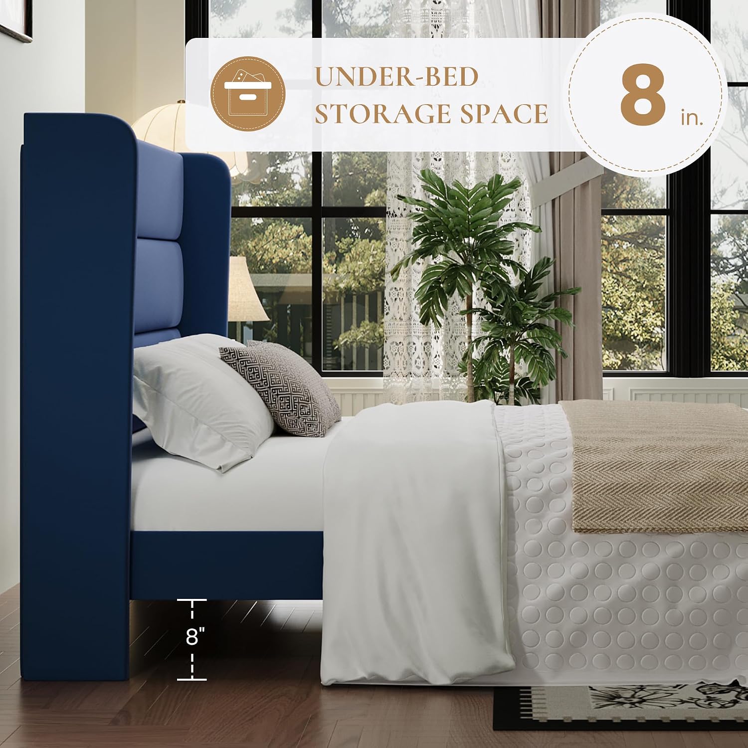 SHA CERLIN King Size Velvet Bed Frame with Wingback Headboard/Upholstered Platform Bed with Wooden Slats/Mattress Foundation/No Box Spring Needed/Easy Assembly/Blue
