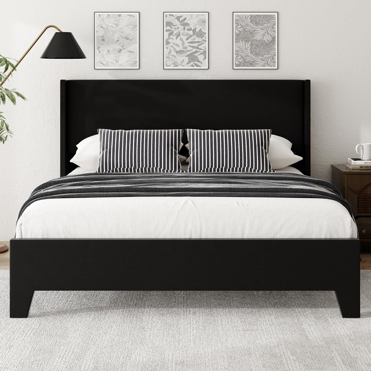 Queen Bed Frame with Faux Leather Upholstered Headboard, Wear-Resistant, Easy Clean, Mattress Foundation, No Box Spring Required, Easy Assembly, Black