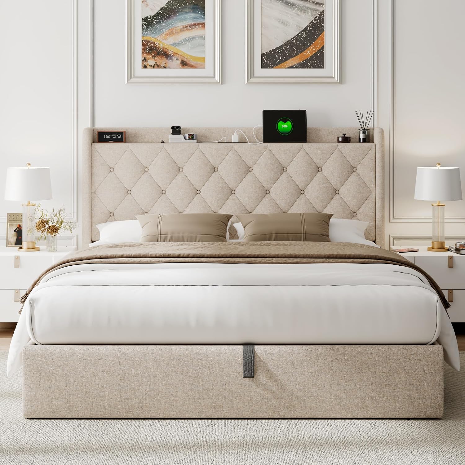 Feonase Full Size Bed Frame with Storage & Charging Station - Hydraulic Lift Up Platform Bed, Upholstered Button Tufted Headboard, Sturdy Wooden Slats, Noise-Free, No Box Spring Needed,Beige