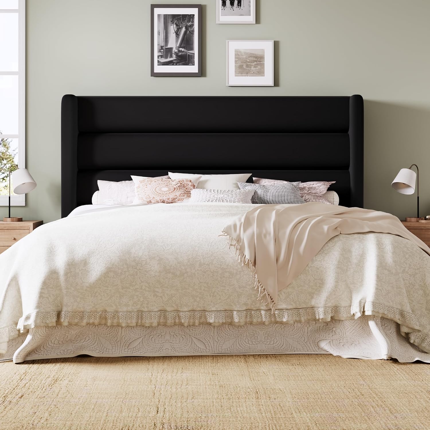 Allewie Full Size Platform Bed Frame with Velvet Upholstered Wingback Headboard, No Box Spring Needed, Under Bed Storage Space, Strong Wooden Slats, Modern Mattress Foundation, Easy Assembly, Black