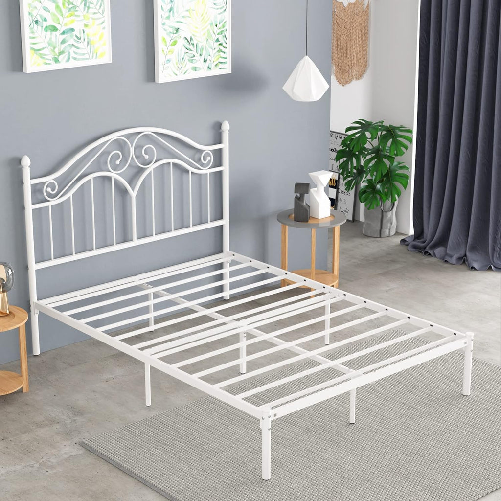 Elephance Full Size Metal Bed Frame with Vintage Headboard,11 Inches Storage Space Platform Bed No Box Spring Needed Easy Assembly,White