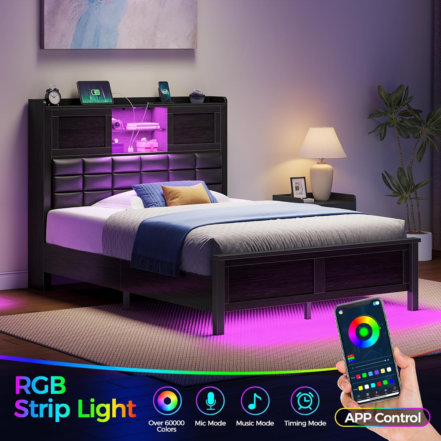 Rolanstar Bed Frame Twin Size with Charging Station, Bookcase Headboard Bed with LED Light and Sliding Doors, Platform Bed with Wooden Slats, No Box Spring Needed, Noise Free, Black
