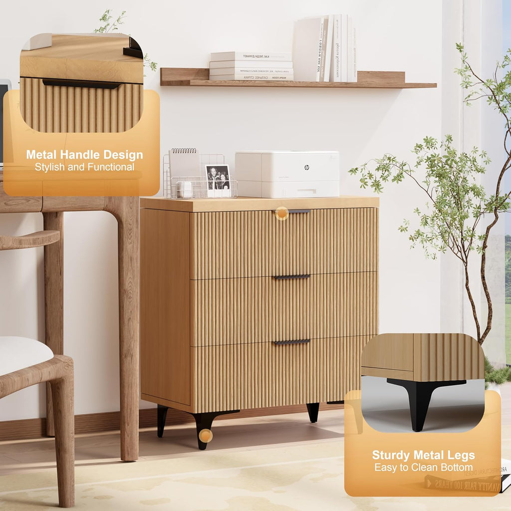 Royal Windsor Large Night Stand Fluted Nightstand with 3 Drawers, Side End Table with Storage, Modern Oversized Nightstands Bedside Table for Bedroom, Natural Oak