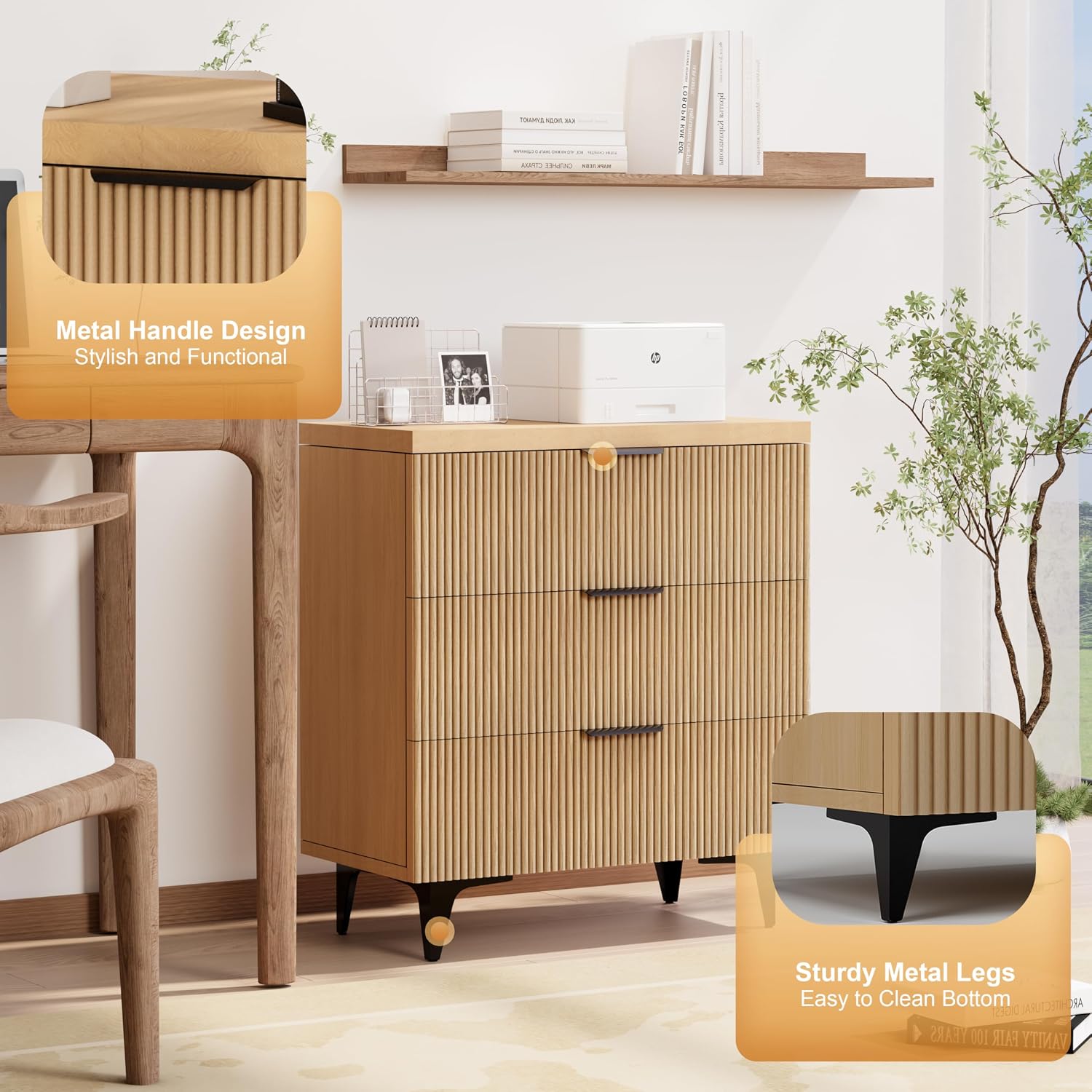 Royal Windsor Large Night Stand Fluted Nightstand with 3 Drawers, Side End Table with Storage, Modern Oversized Nightstands Bedside Table for Bedroom, Natural Oak