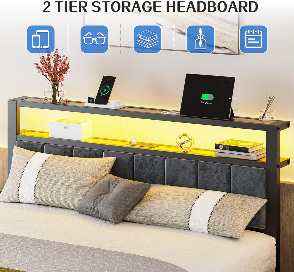 Liians Queen Size Bed Frame with 2-Tier Storage Shelves Headboard, Platform Bed with Charging Station, LED Lights No Box Spring Needed Noise Free