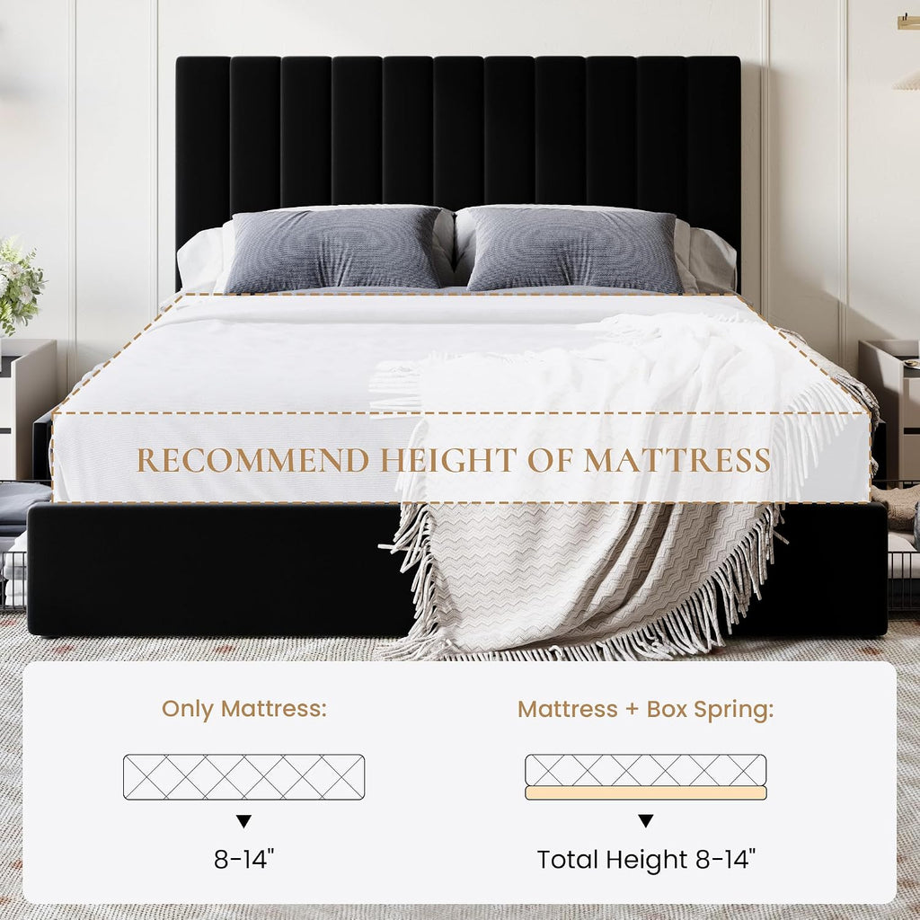 SHA CERLIN Full Size Platform Bed Frame with 4 Storage Drawers, Vertical Channel Tufted Adjustable Headboard, Velvet Upholstered, Wooden Slats Support, No Box Spring Needed, Easy Assembly, Black