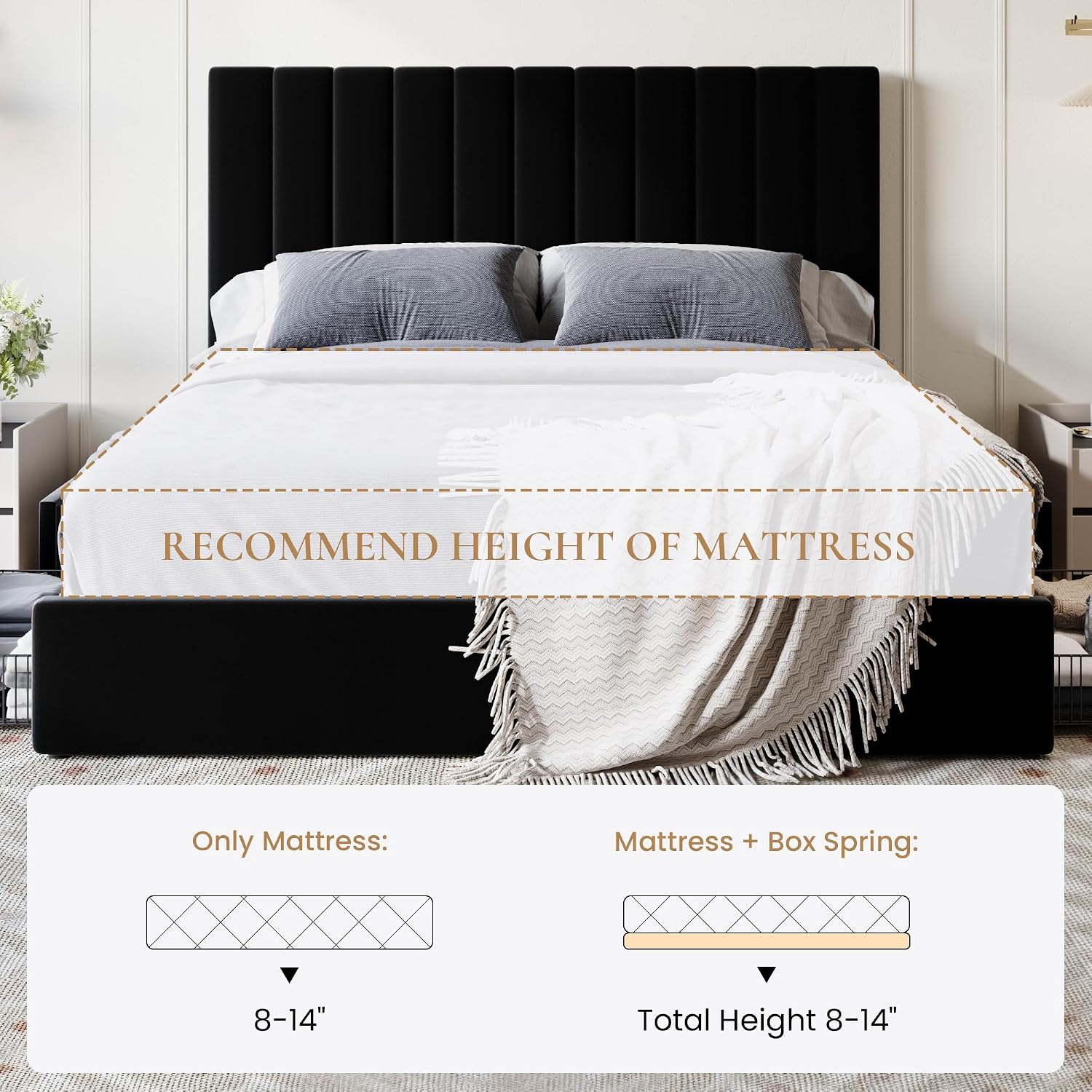 SHA CERLIN Full Size Platform Bed Frame with 4 Storage Drawers, Vertical Channel Tufted Adjustable Headboard, Velvet Upholstered, Wooden Slats Support, No Box Spring Needed, Easy Assembly, Black