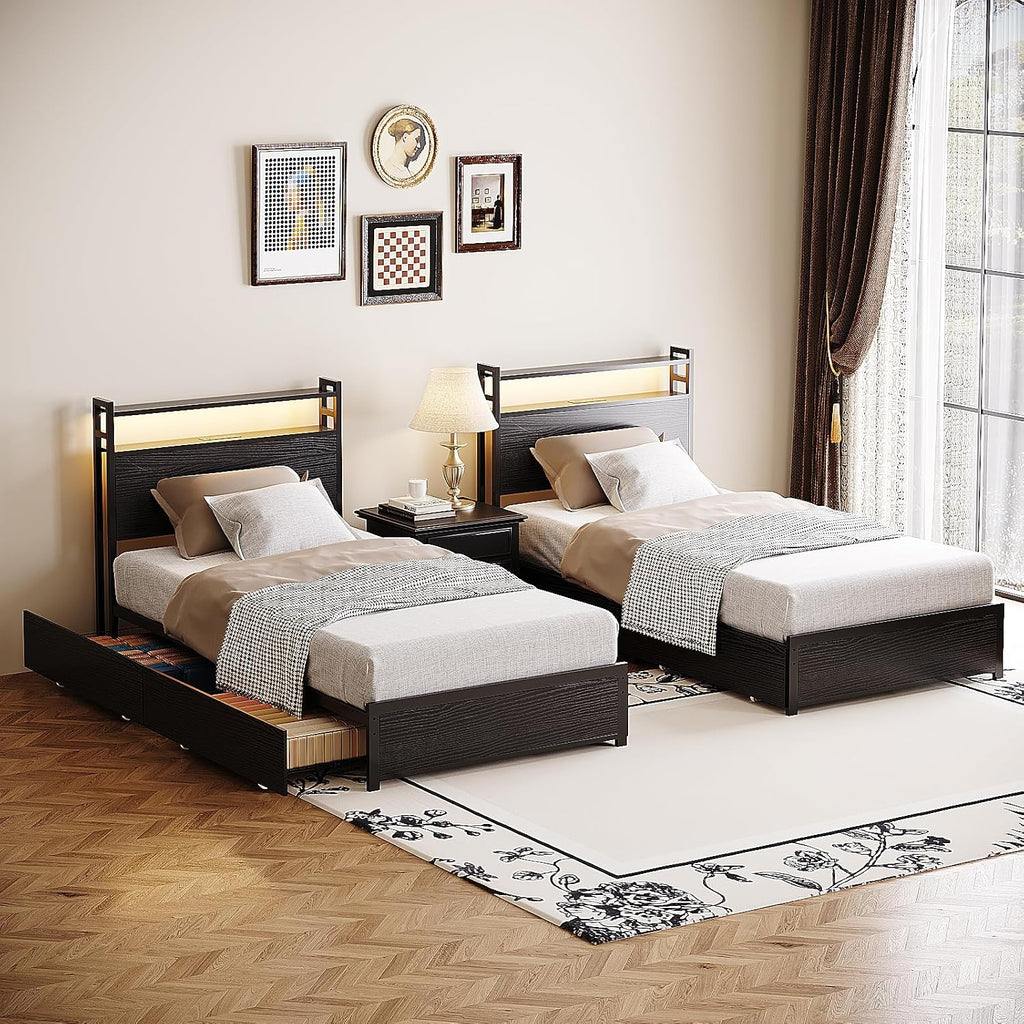 VINGLI Twin Bed Frame Set of 2 with 4 Storage Drawers and Adjustable Headboard Shelf, Metal Platform with Charging Station and LED Lights, No Box Spring Needed, Noise Free, Easy Assembly, Black