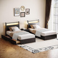 VINGLI Twin Bed Frame Set of 2 with 4 Storage Drawers and Adjustable Headboard Shelf, Metal Platform with Charging Station and LED Lights, No Box Spring Needed, Noise Free, Easy Assembly, Black
