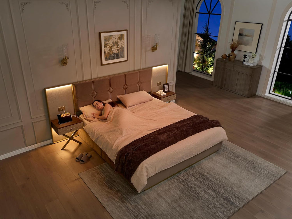 Luxurious King Platform Bed Frame with Metal Frame Headboard, Modern Velvet Upholstered Platform Bed with 2 Built-in Wall Lamps and Bedside Table for Bedroom Guestroom, Coffee