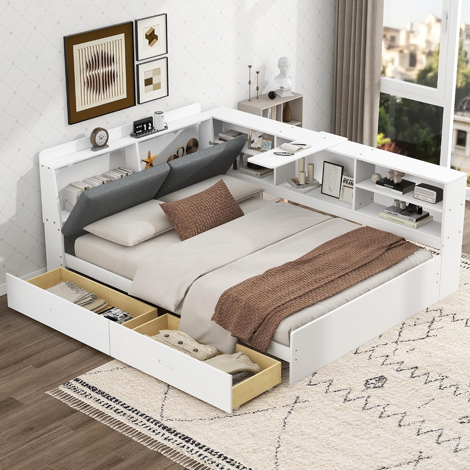 Harper & Bright Designs Full Size Daybed with 2 Storage Drawers and Bookcase,Wood L Shaped Full Platform Bed Frame with Shelves, Full Sofa Bed Frame with Slats Support, No Box Spring Needed, White