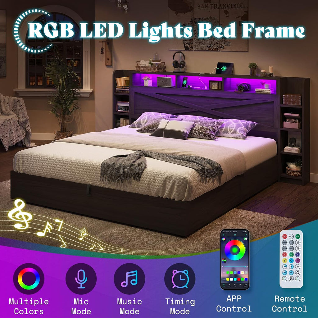 AMERLIFE Queen Size Lift Up Storage Bed Frame, 45.1' LED Bed Frame with 2 Side Shelves & Bookcase Headboard, Farmhouse Wood Platform Bed with Charging Station, No Box Spring Needed, Black