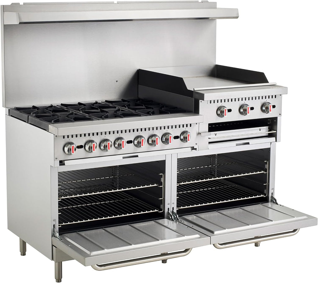 Kratos Commercial Gas Range, 60' Wide with 24' Griddle/Broiler, 6 Burners, and 2 Standard Ovens, Liquid Propane (29Y-172-LP)