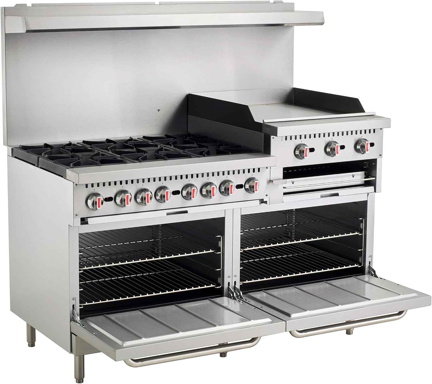 Kratos Commercial Gas Range, 60' Wide with 24' Griddle/Broiler, 6 Burners, and 2 Standard Ovens, Liquid Propane (29Y-172-LP)