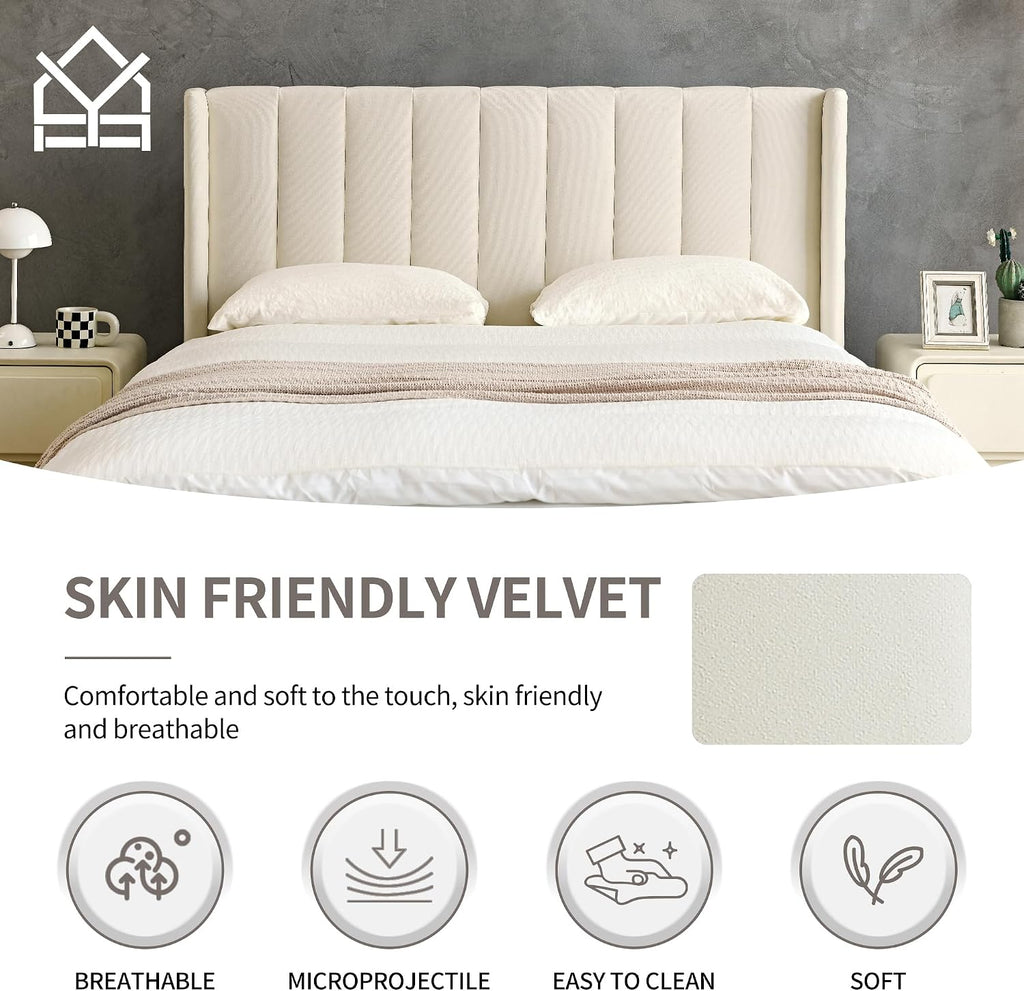 YUHUASHI upholstered Platform Bed Frame/King Bed Frame/Modern Geometric Double-Wing Design headboard/Velvet Fabric/Easy to Assemble no Noise (Cream, King (U.S. Standard))