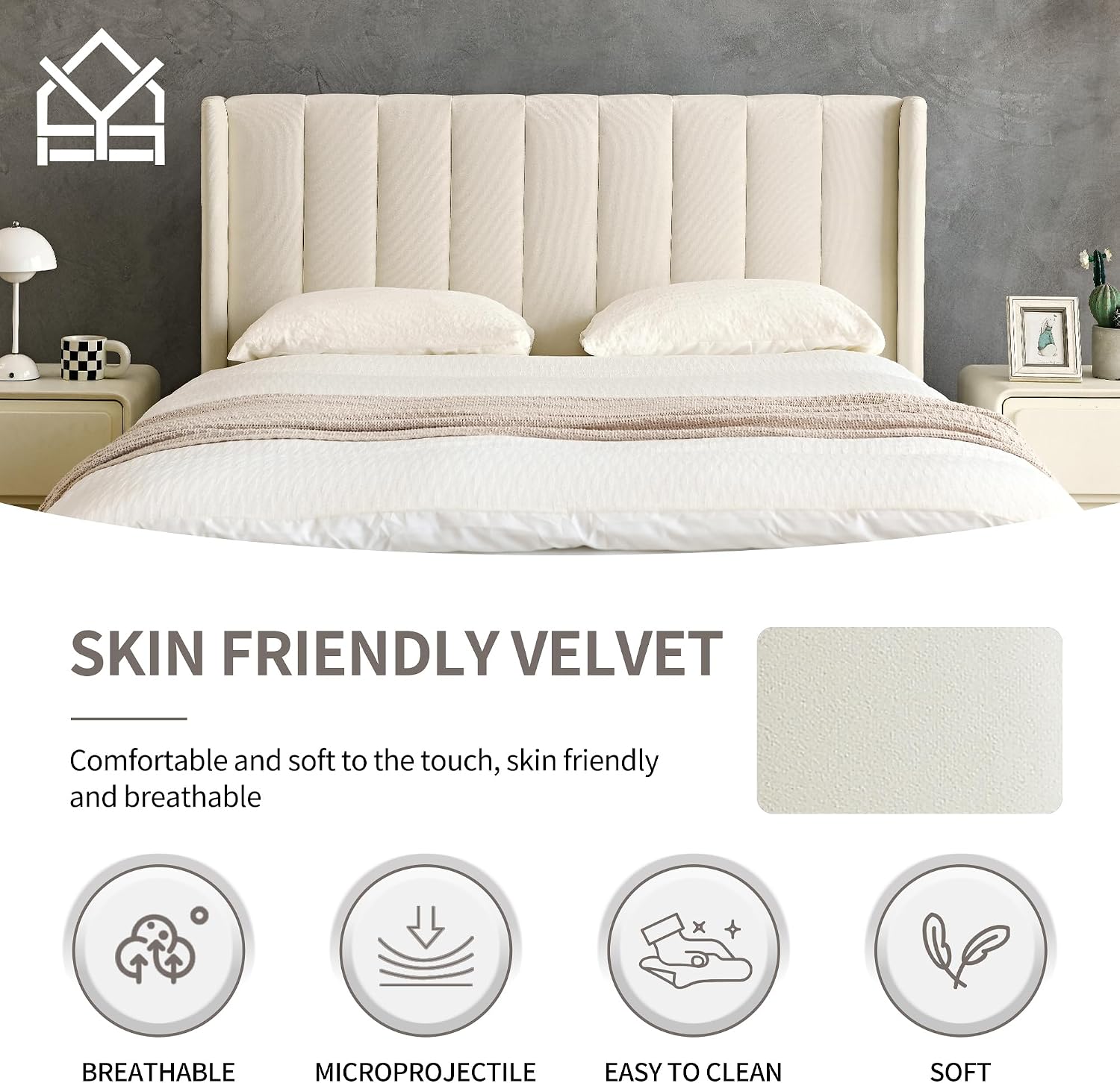 YUHUASHI upholstered Platform Bed Frame/King Bed Frame/Modern Geometric Double-Wing Design headboard/Velvet Fabric/Easy to Assemble no Noise (Cream, King (U.S. Standard))
