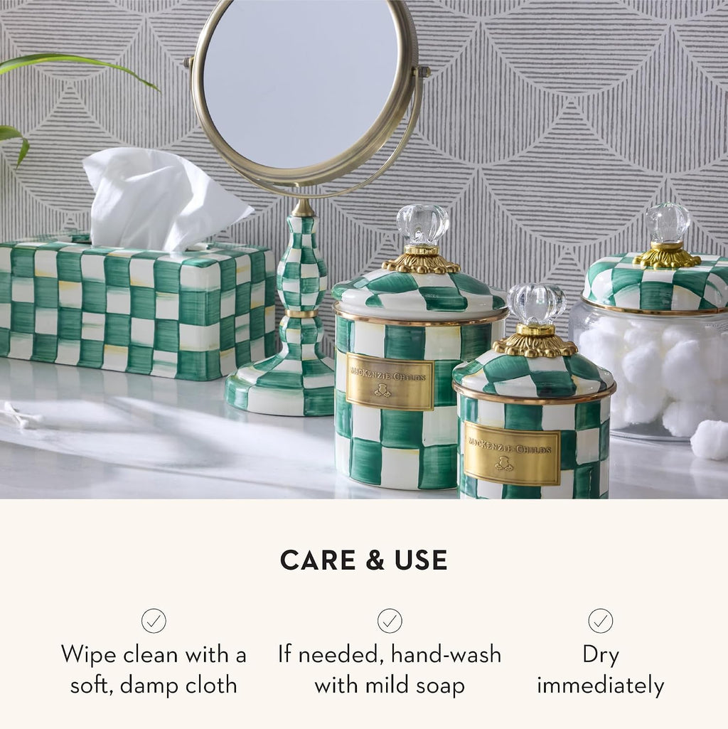 MACKENZIE-CHILDS Enamel Toilet Tissue Storage, Decorative Toilet-Paper Holder Stand for Bathroom, Green-and-White Emerald Check