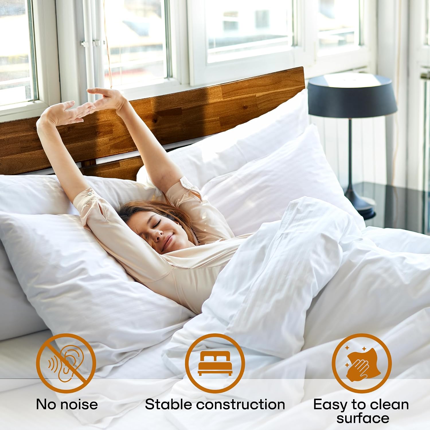 Acacia Aurora Wooden Bed with Headboard, Queen Size Bed Frame, 800lbs Capacity Wood Bed Compatible with All Mattress Types, Non-Slip & Noise-Free, Wood Slats Support, Easy Assembly, Chocolate.