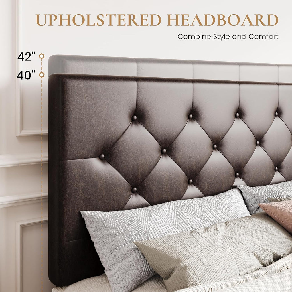 SHA CERLIN Upholstered King Size Platform Bed Frame with 4 Storage Drawers, Adjustable Headboard with Diamond Stitched Button Tufted Design, Wooden Slat Support, No Box Spring Needed, Black Brown