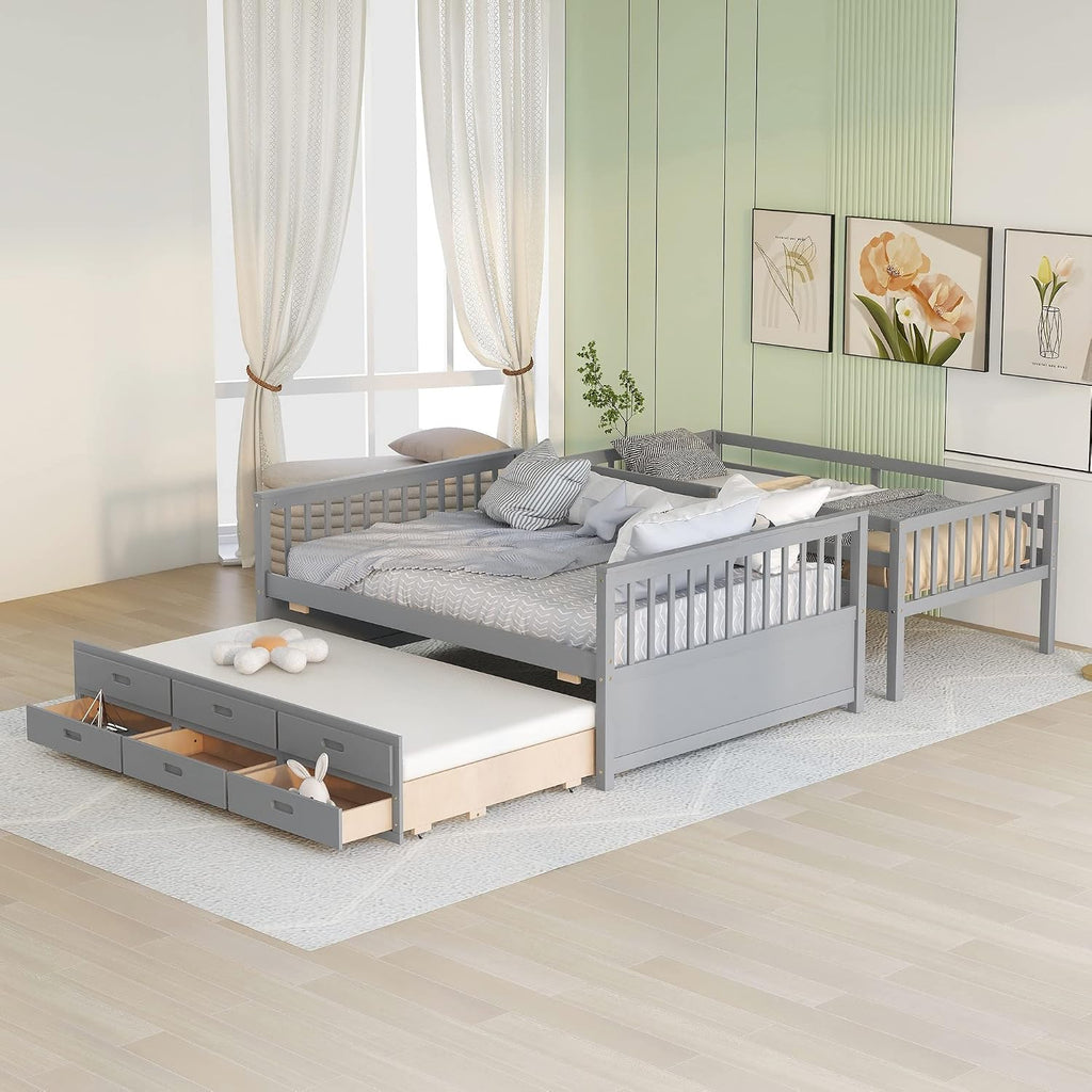 Harper & Bright Designs Twin Over Full Bunk Bed with Twin Size Trundle and 3 Storage Drawers, Solid Wood Bunk Bed Frame with Ladder, Grey