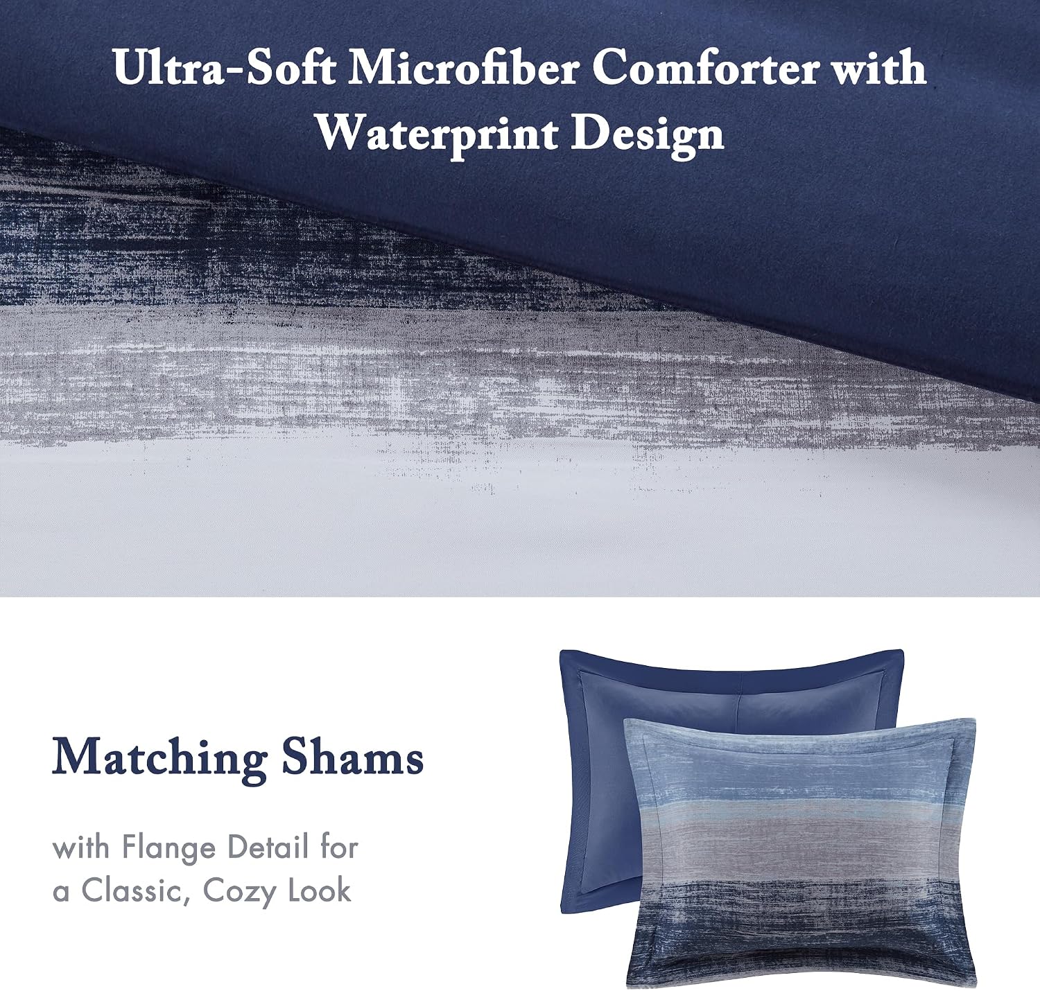 Madison Park Essentials Queen Comforter Set, Bed in a Bag, Watercolor Print Coastal Comforter & Chambray Cotton Sheet Set, All Season Bedding Set, Saben, Navy Queen (90 in x 90 in) 9 Piece
