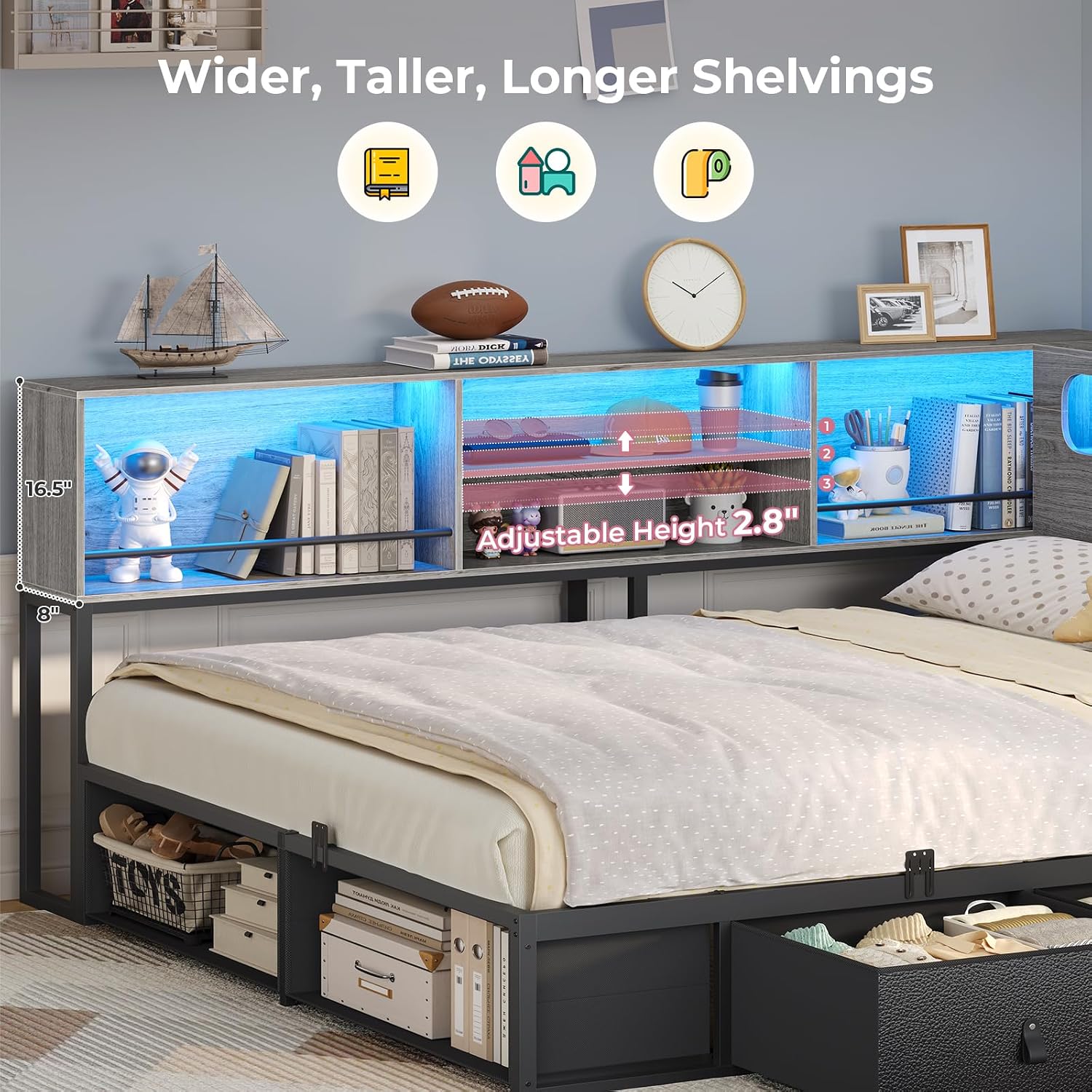 ADORNEVE Corner Bed Frame Full Size with Bookcase Storage & RGB Lights, Charging Station, Metal Daybed with 3 Drawers & 2 Open Cubbies, for Teens, Small Space, Black & Oak Grey