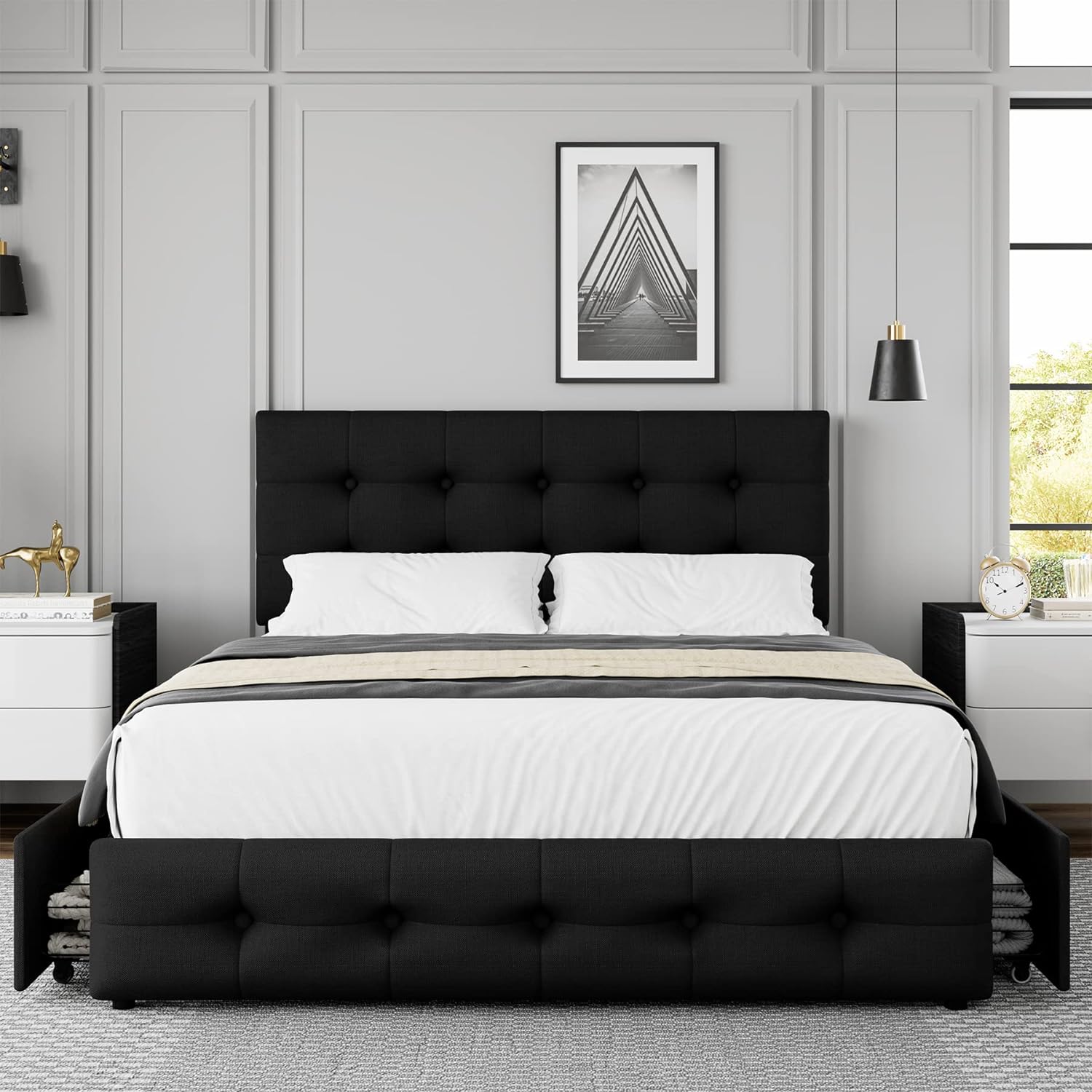 TTVIEW Queen Bed Frame with 4 Storage Drawers and Adjustable Headboard, Upholstered Platform Bed with Button Tufted Design, Strong Wooden Slats Support, No Box Spring Needed, Black