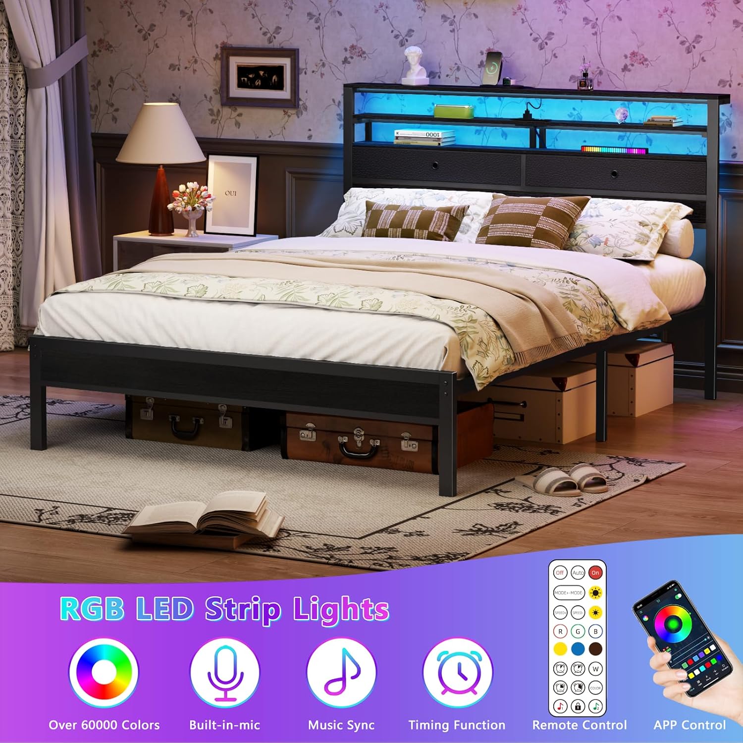 Furnulem Queen Bed Frame with Headboard, 3-Tier Storage Shelves & 2 Fabric Drawers, Built-in Charging Station & RGB LED Lights, Metal Slat Support, No Box Spring Needed, Easy Assembly, Black Oak