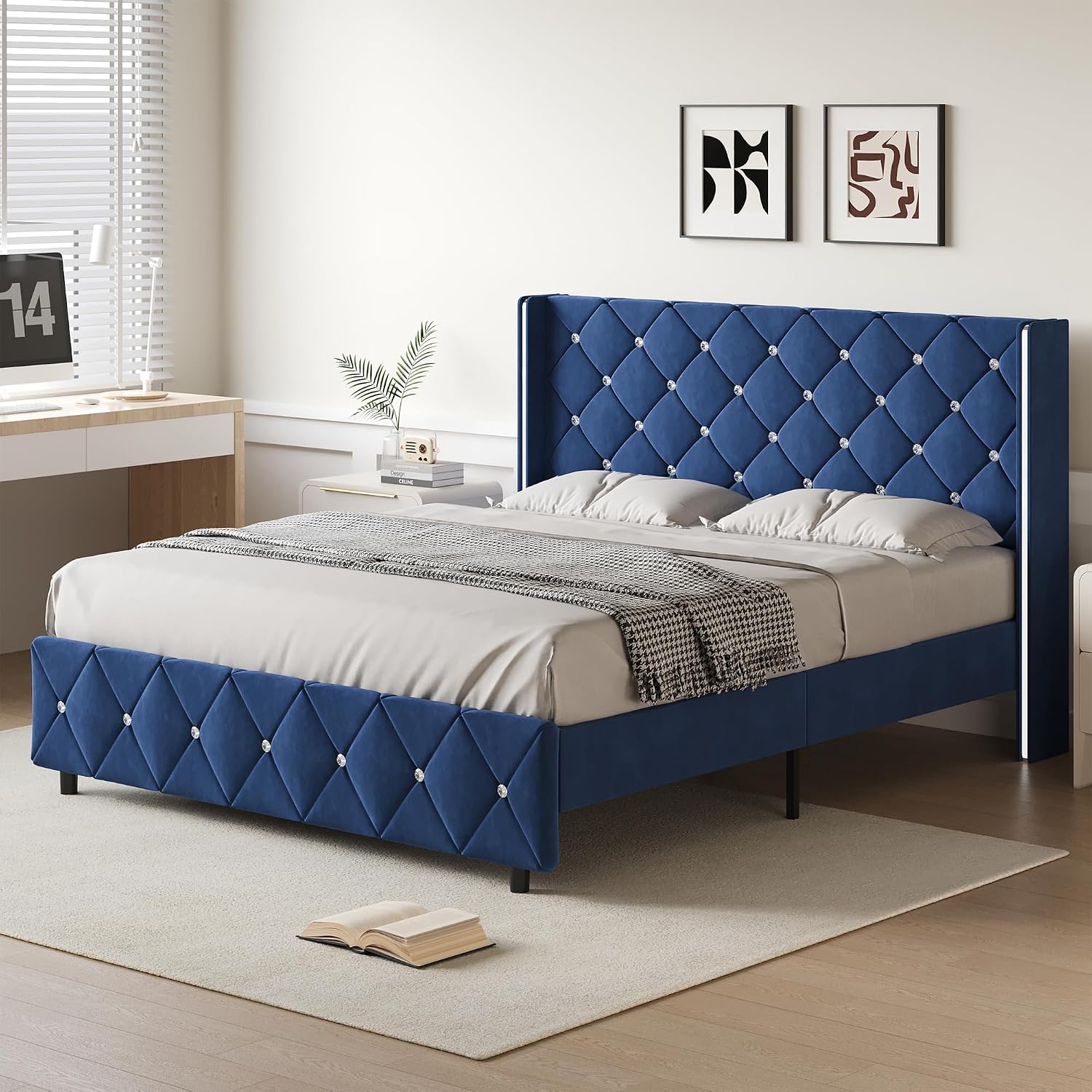 Lullabyre Full Size Bed Frame, Upholstered Bed Frame with Diamond Tufted Headboard, Modern Silverside Wingback, No Box Spring Needed, Easy Assembly, Blue