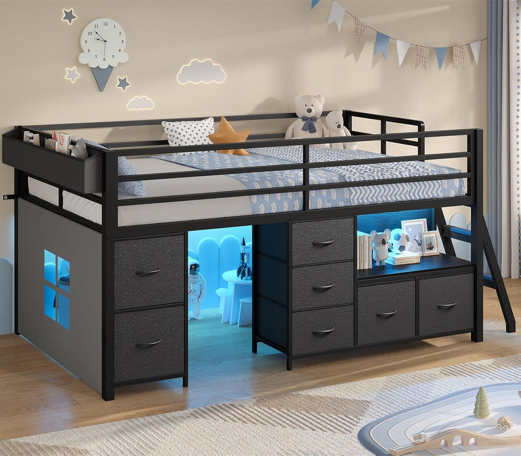 ADORNEVE Low Loft Bed Twin Size with 7 Storage Drawers, Bookcase and LED Lights, Metal Kids Loft Bed with 14' H Safety Guardrail,Inclined Ladder and Play Curtain, Under-Bed Play Space, Black